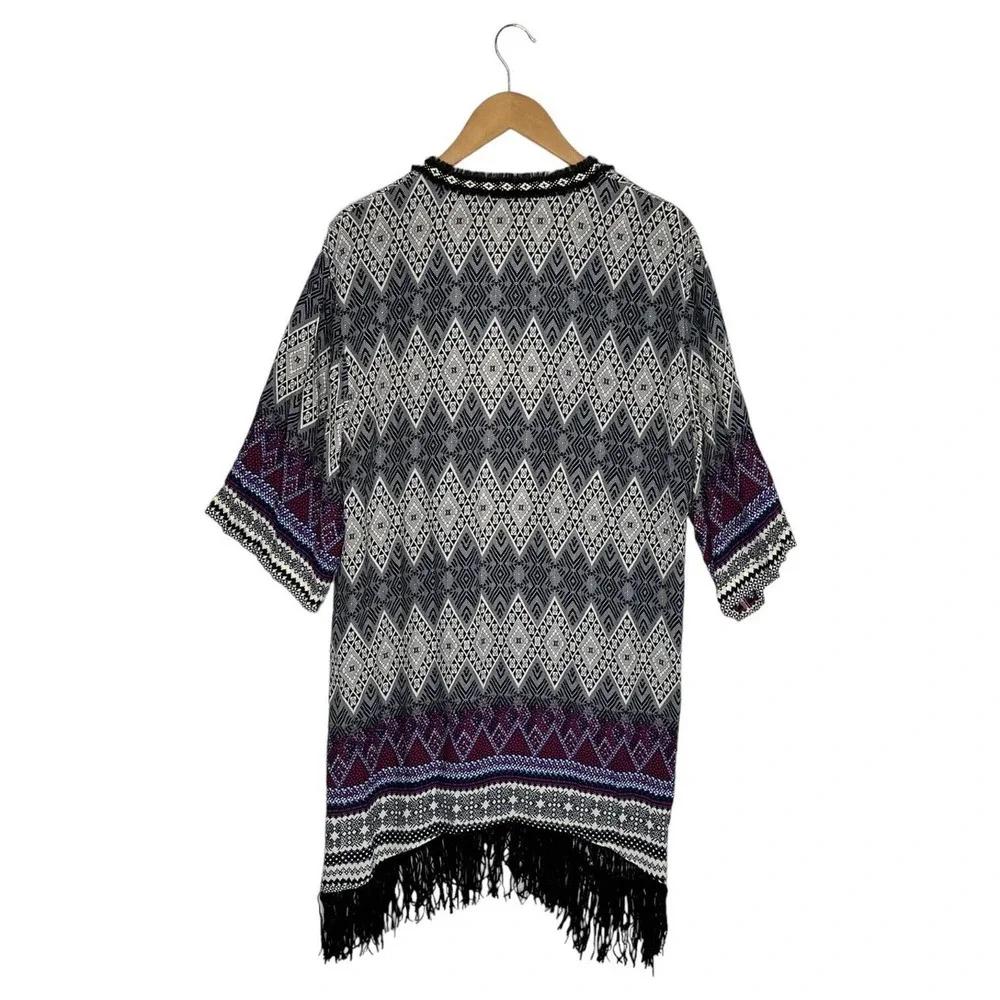 Umgee Kimono Womens Open Front Fringe Embroidery Half Sleeve Aztec Black M/L